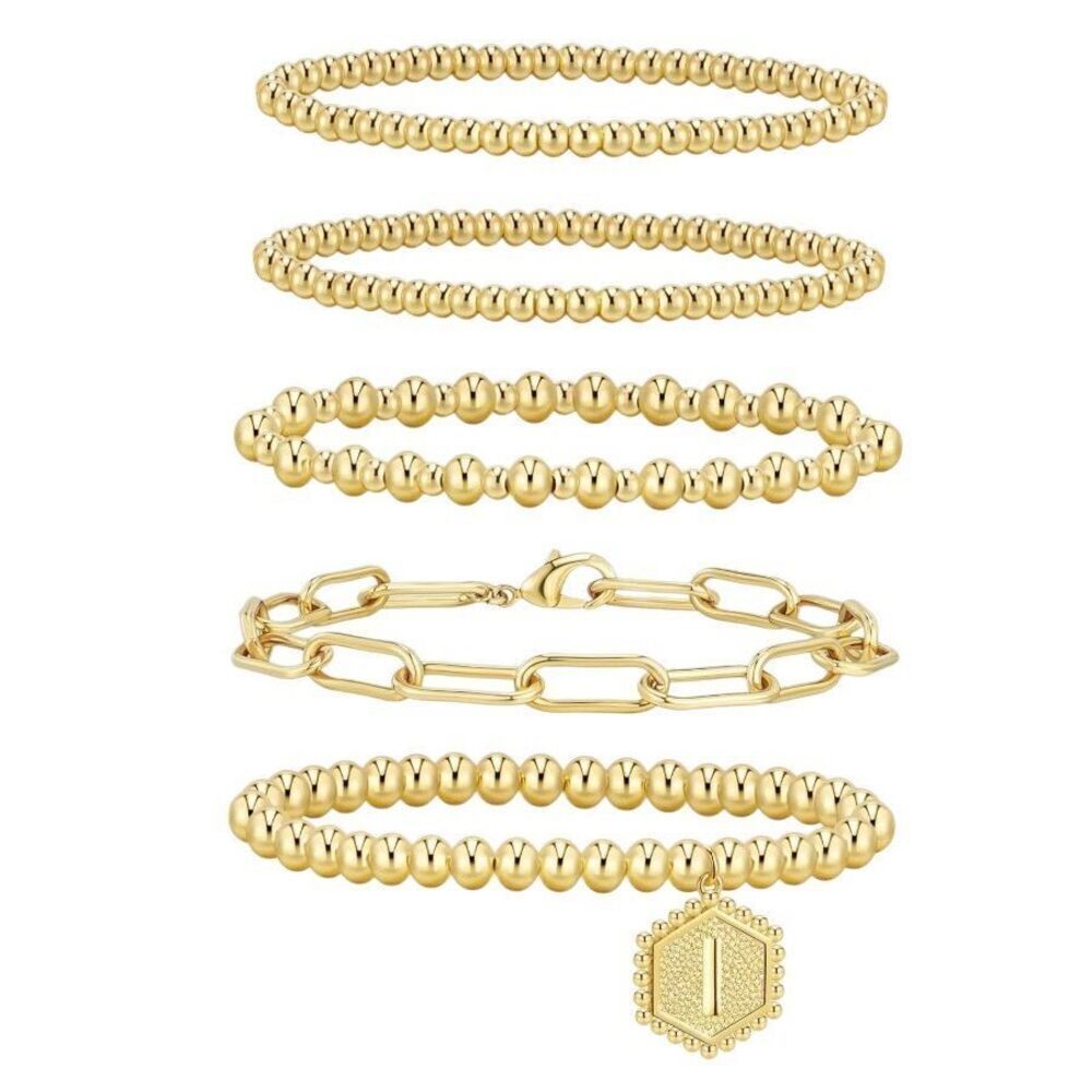 14K Gold Plated Bracelets Womens Casual Beaded Stretch Bead Ball Adjustable Set